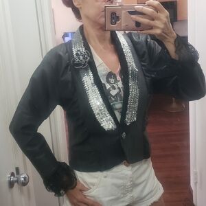 Vtg 80s black Leather Jacket sequins collar puff sleeves Art to Wear L
